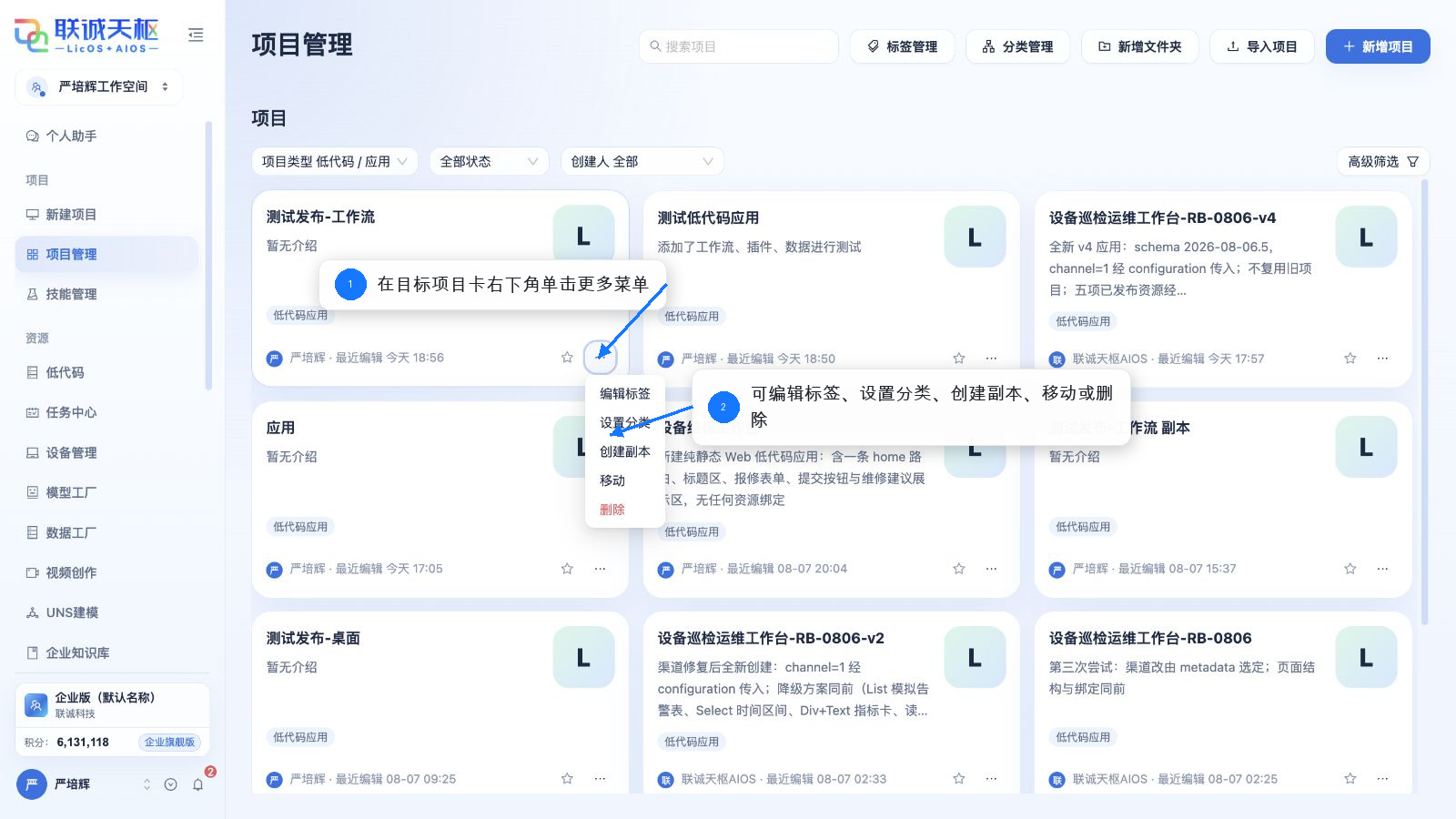 打开低代码应用项目卡管理菜单