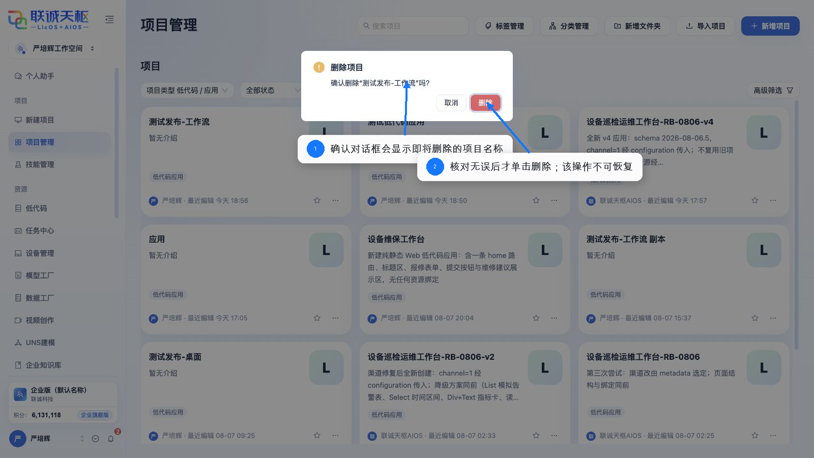 删除低代码应用前核对项目名称