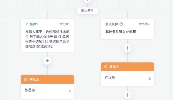 条件分支按优先级进入条件路径或默认路径
